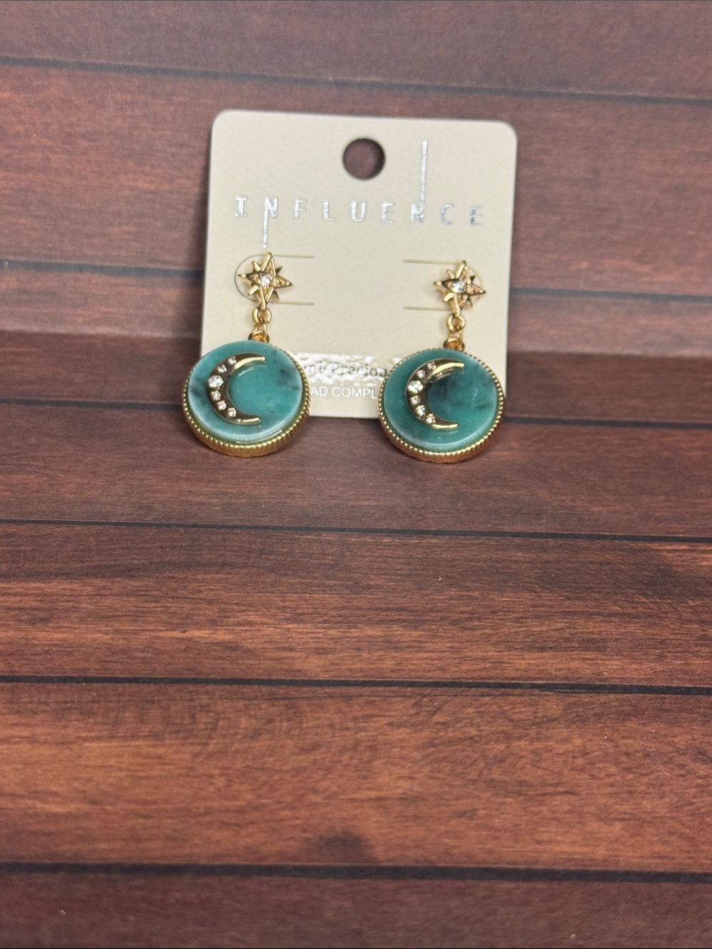 Gold-Tone Teal Crescent Moon Drop Earrings